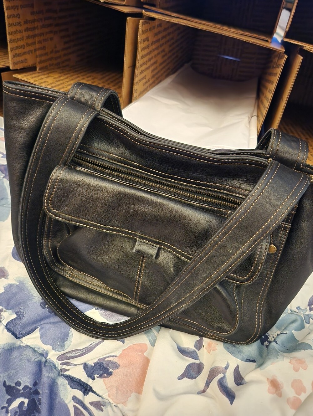 Fossil Vintage Double Handle Black Leather Shoulder Bag